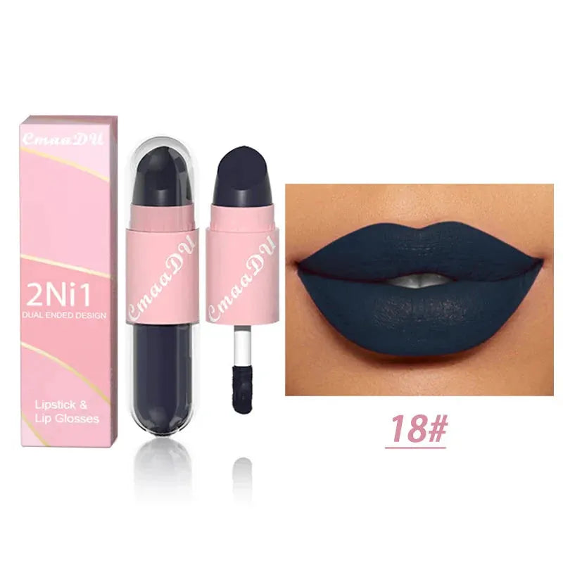 18 Colors 2 in 1 Matte Lipstick Liquid Purple Lip Glaze Double Head Lip Makeup Lasting Waterproof Velvet Sexy Dark Red Lipsticks by HMEINA Store