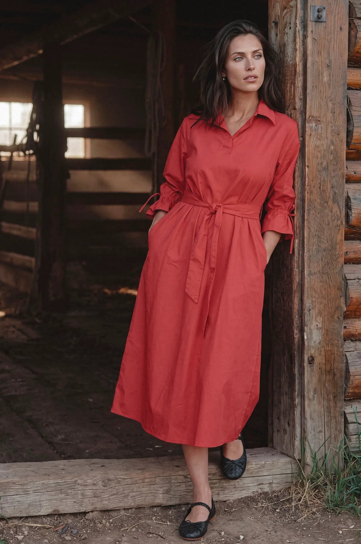 Sofia Rei Belted Cotton Shirt Midi Dress by ELF