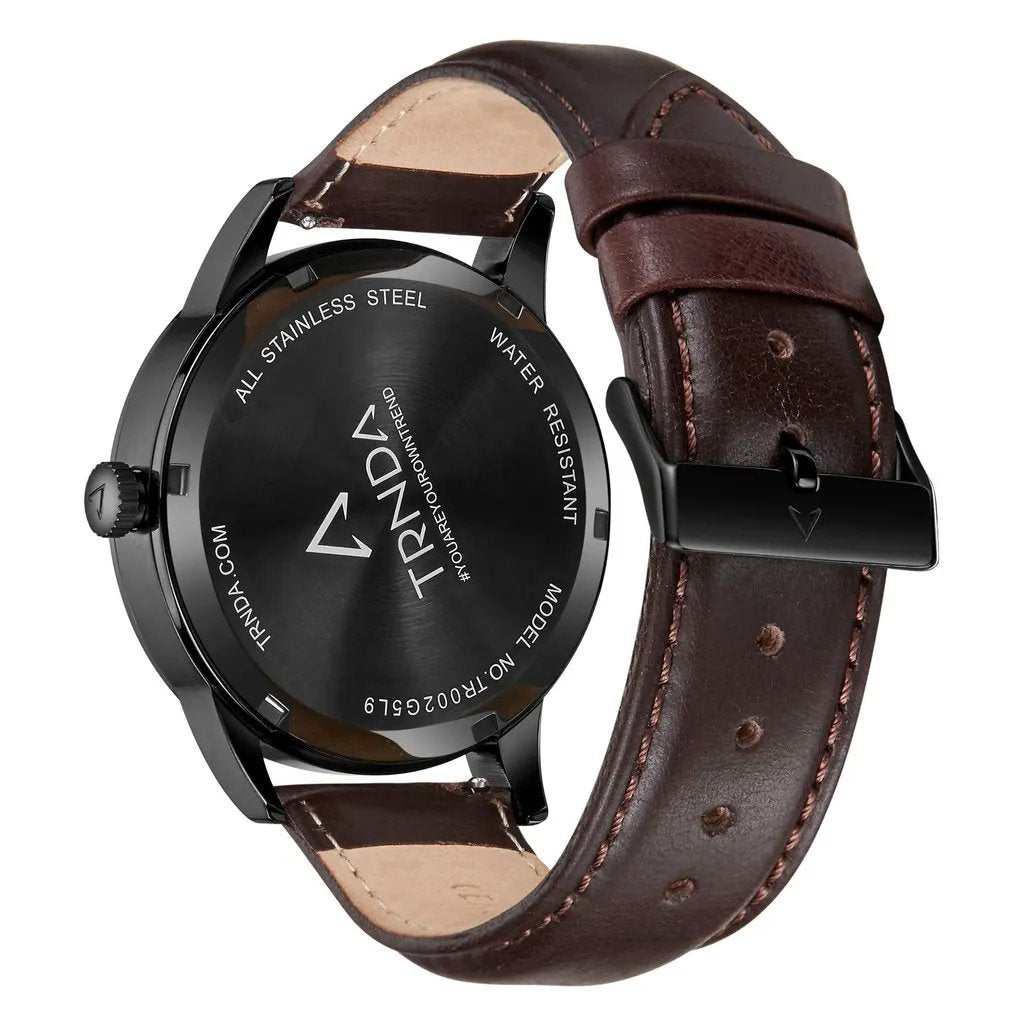 Trnda Men's Stainless Steel Black Watch, Leather Band | Trn-Ss43blk by TRNDA