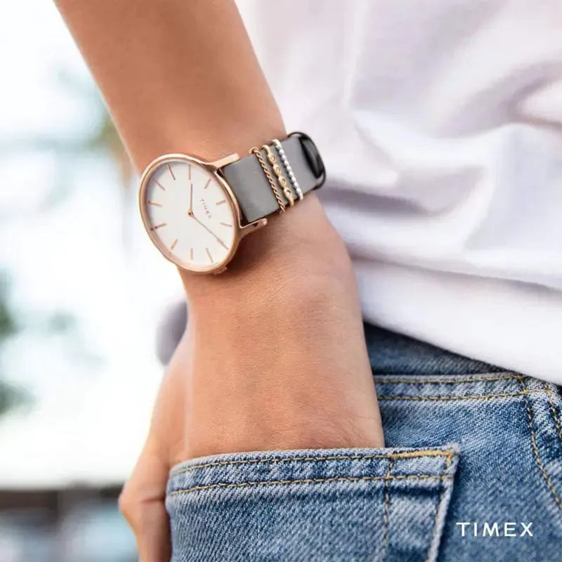 Timex Women's Gray Leather Watch, White Dial | Tw2t45400 by TIMEX