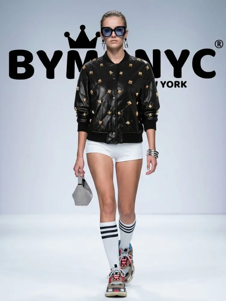 Women's Black Leather Bomber Jacket Gold Studded BYMANYC ® New York CONTEMPORARY VIBRANT MODERN OUTERWEAR - New Collection by BYMANYC ® New York