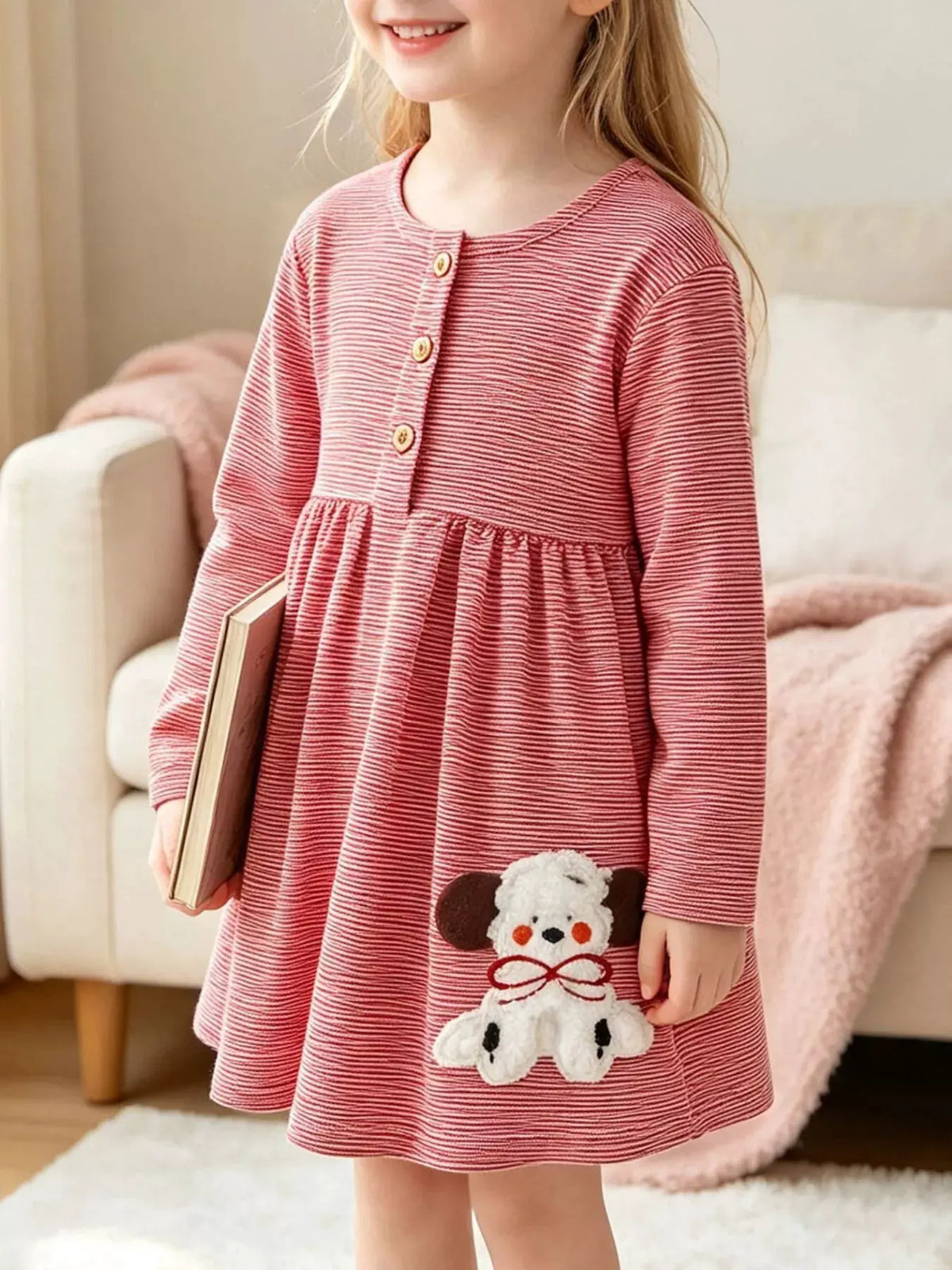 Children's Striped Long-Sleeve Casual Dress with Puppy Applique by Trendsi