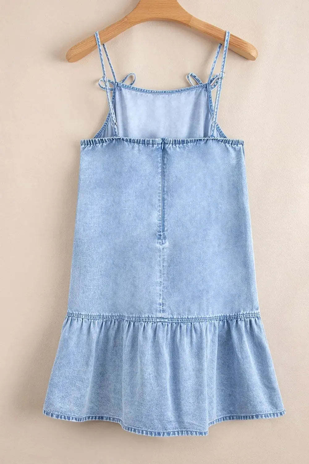 Bow Detail Spaghetti Straps Ruffle Hem Denim Dress by Partner Label