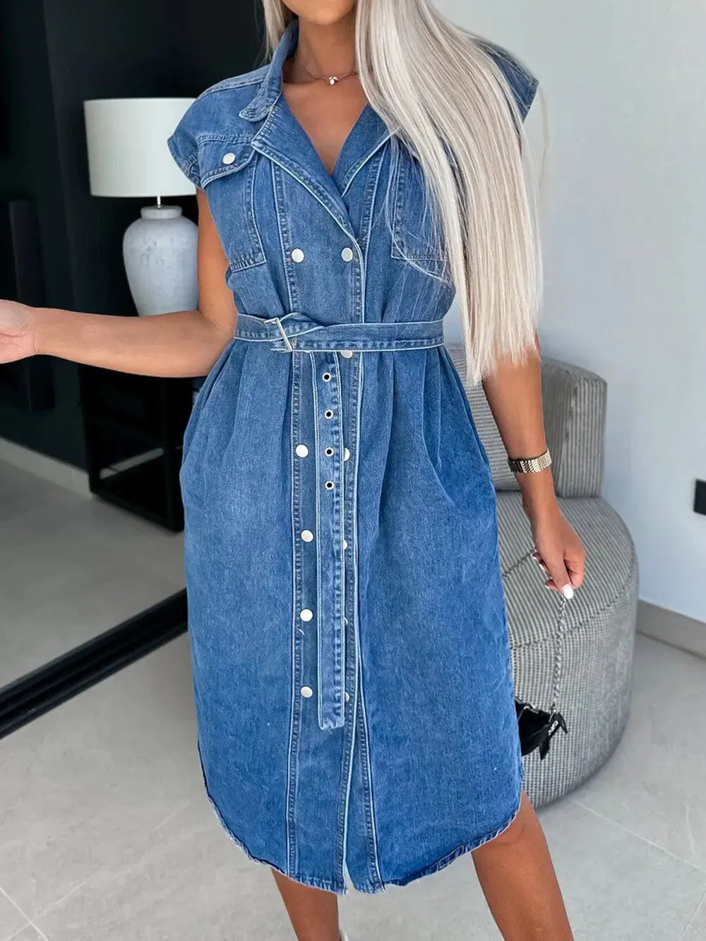 Collared Neck Cap Sleeve Denim Dress by Partner Label