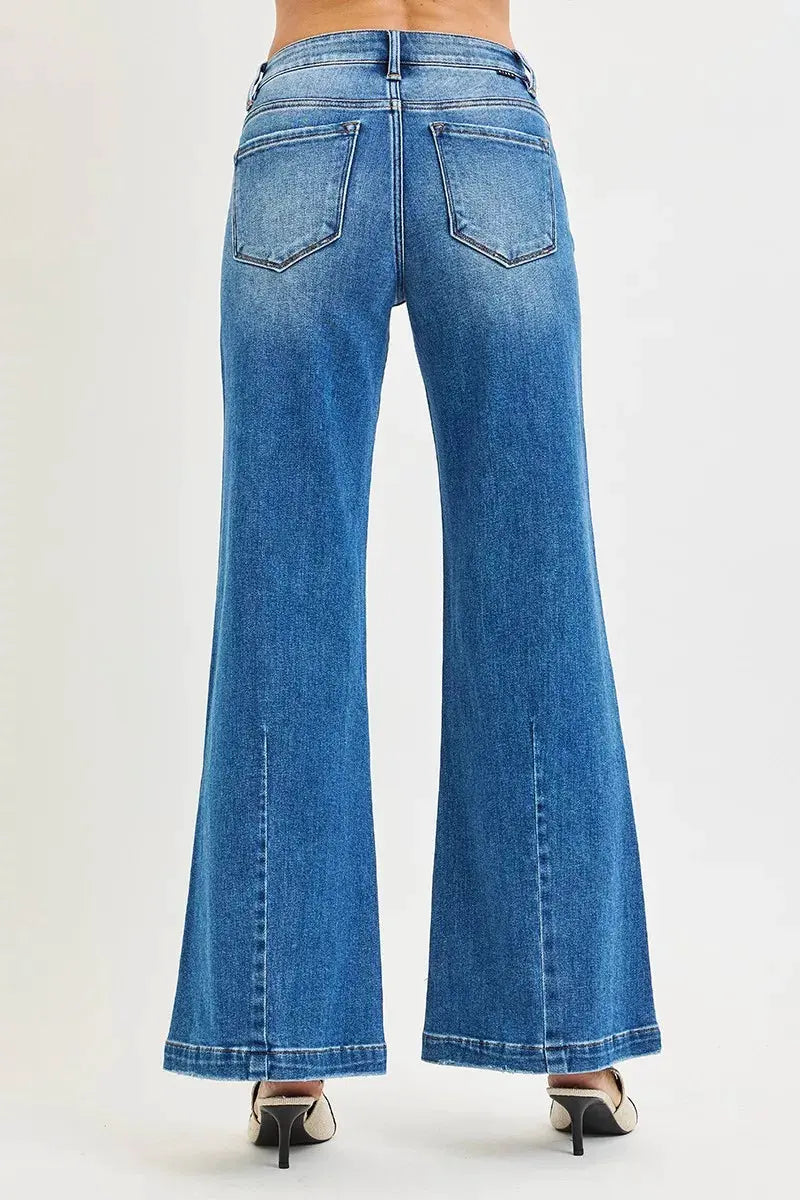 RISEN Full Size Mid Rise Wide Leg Jeans with Flared Look Plus Size by RISEN