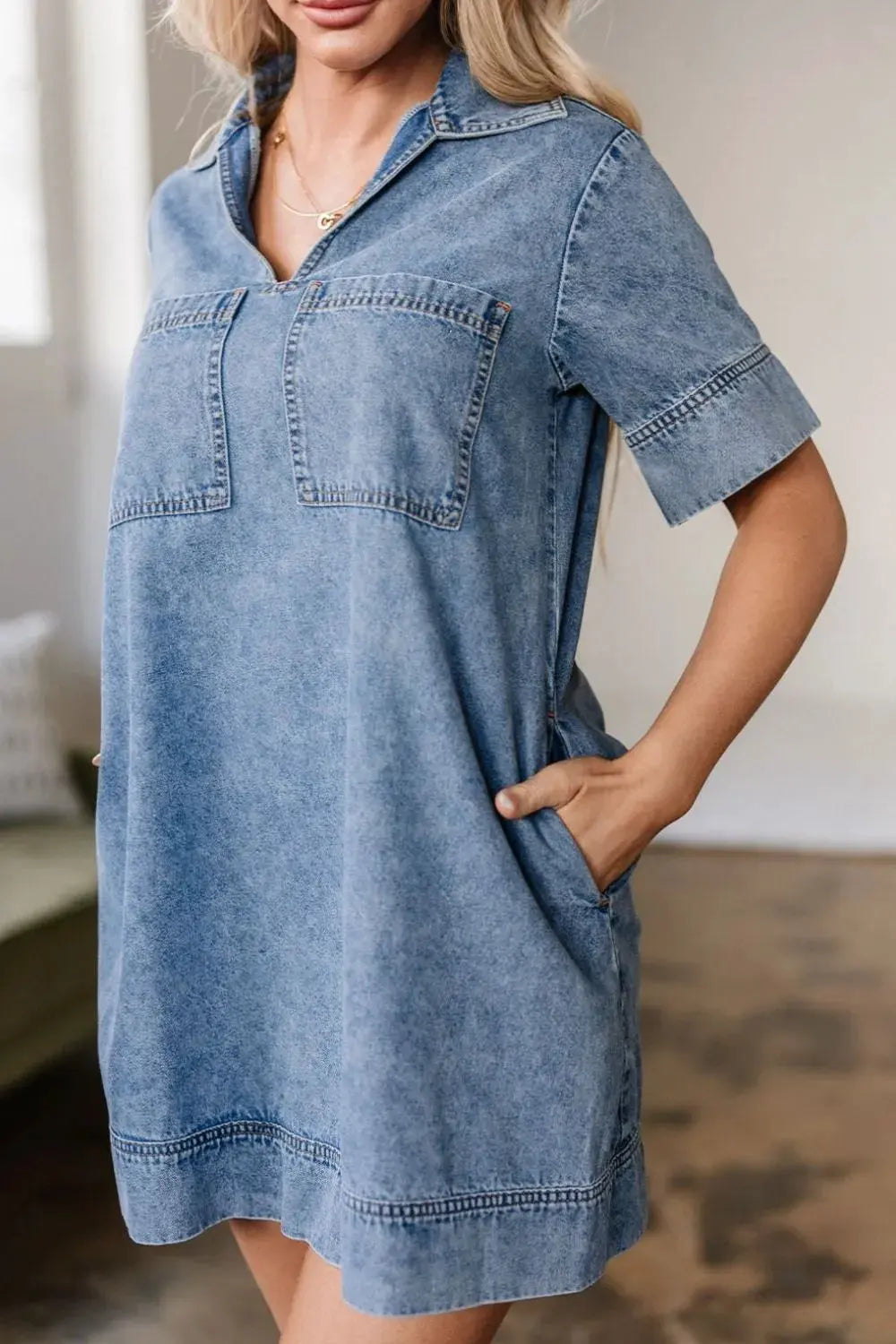 Short Sleeve Collared Patched Pocket Denim Mini Dress by Partner Label