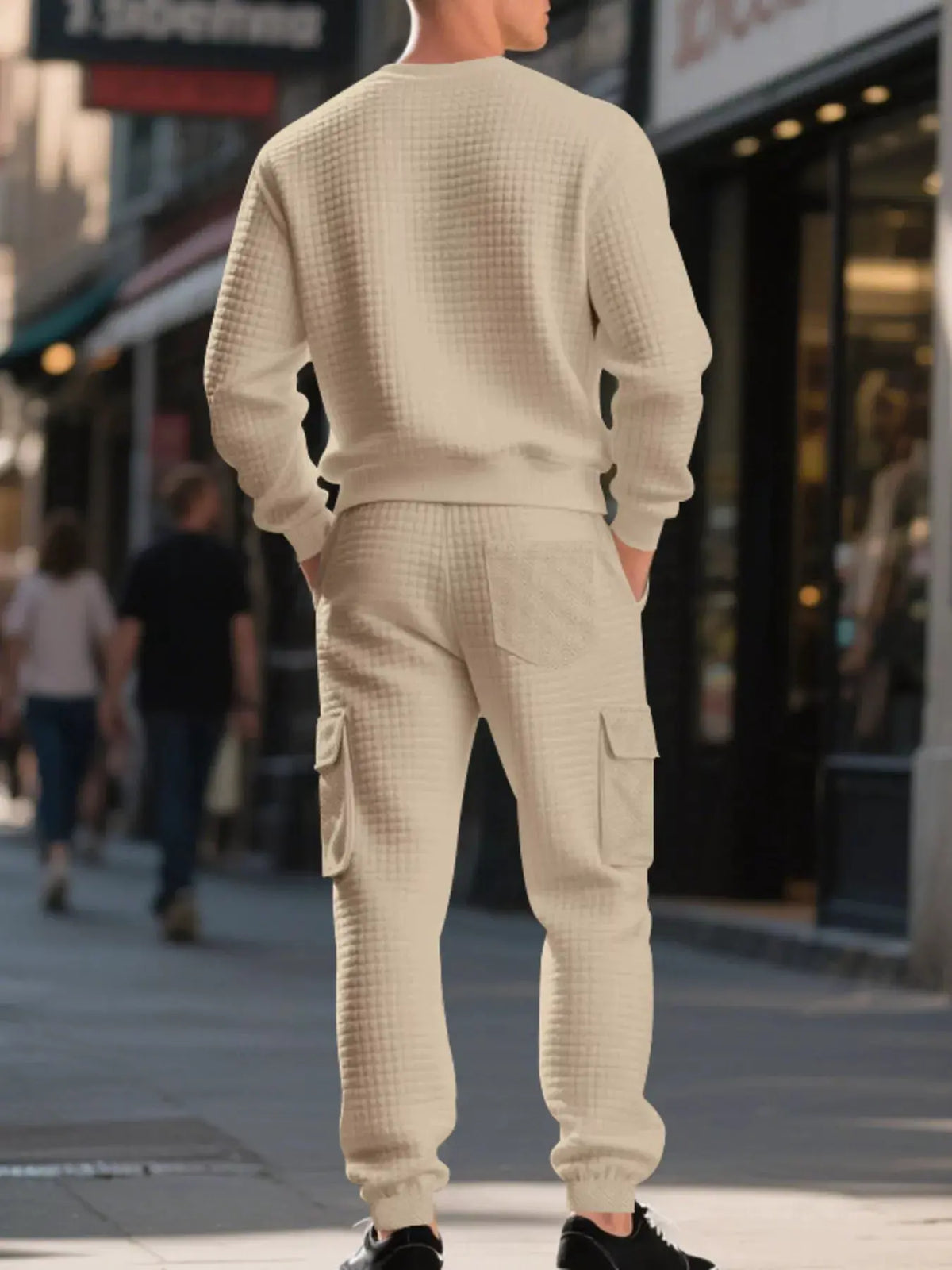 Men's Plus Size Waffle Knit Textured Crewneck Sweatshirt and Jogger Set by Trendsi