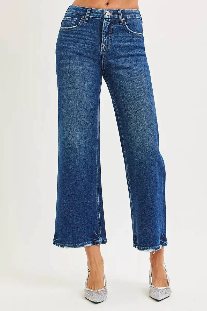 RISEN Tummy Control 4 Way Stretch High Rise Crop Wide Leg Jeans by RISEN