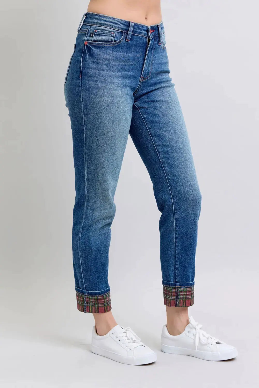 Judy Blue Full Size Plaid Print Cuff Straight Leg Jeans with Pockets by Judy Blue
