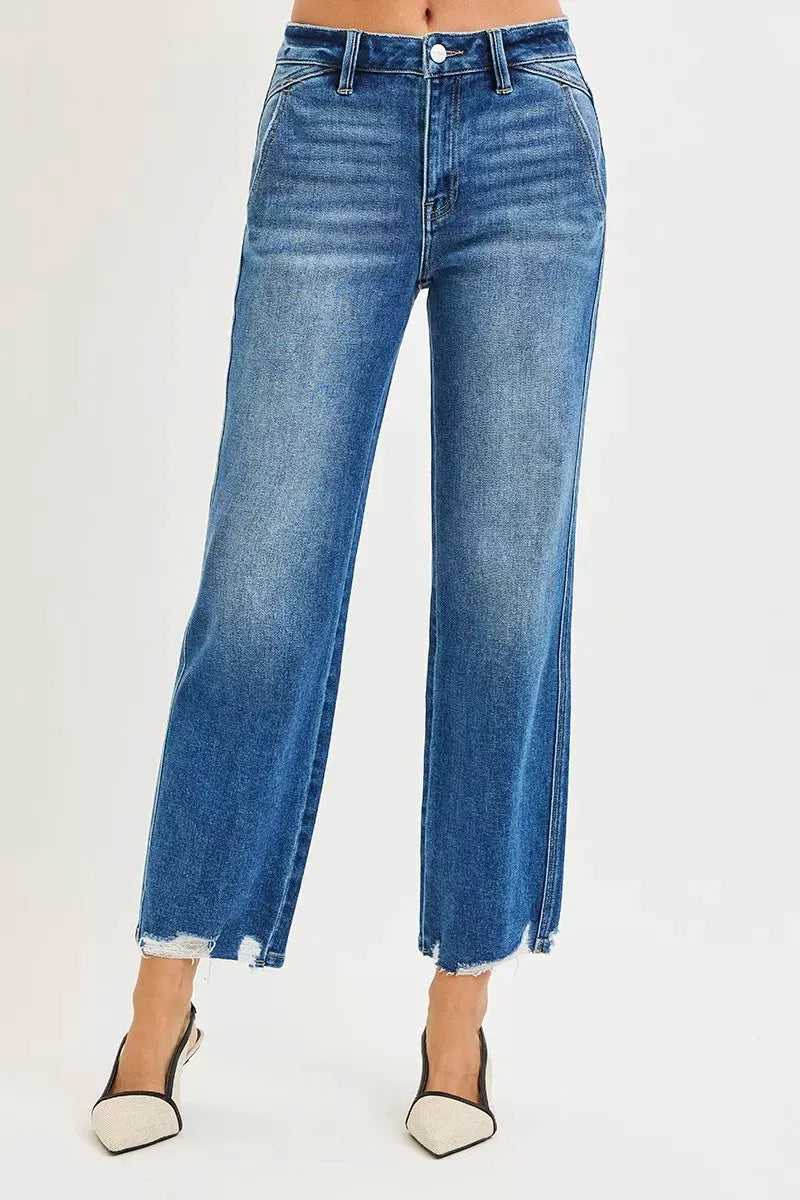 RISEN High Rise Ankle Straight Distressed Hem Detail Jeans by RISEN