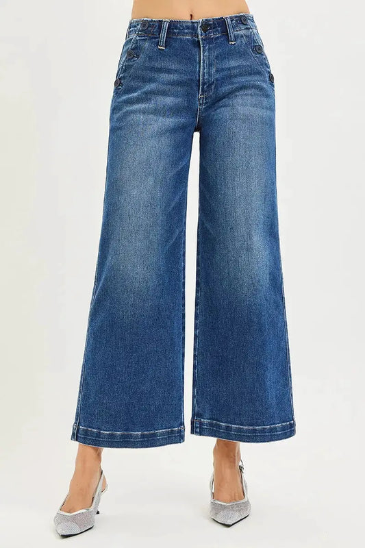 RISEN High Rise Wide Leg Jeans With Pocket Button Detail by RISEN