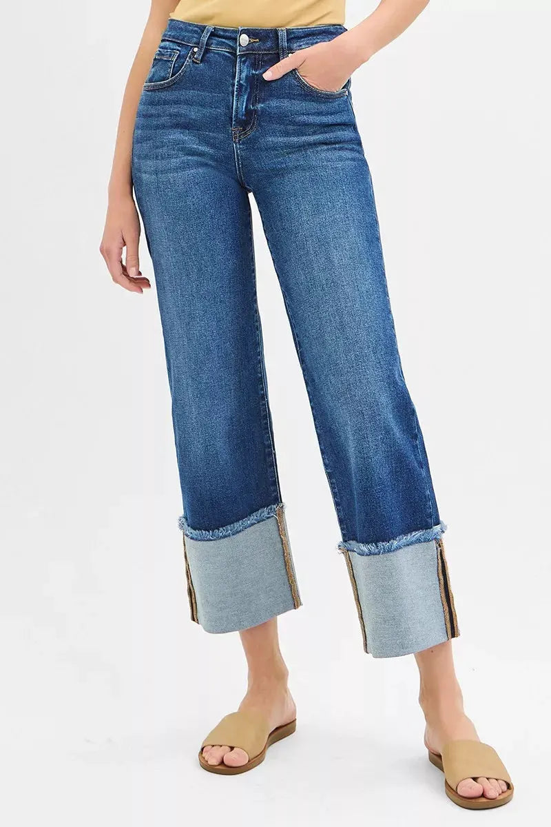 RISEN Full Size Mid Rise Crop Wide Wide Cuffed Jeans Plus Size by RISEN