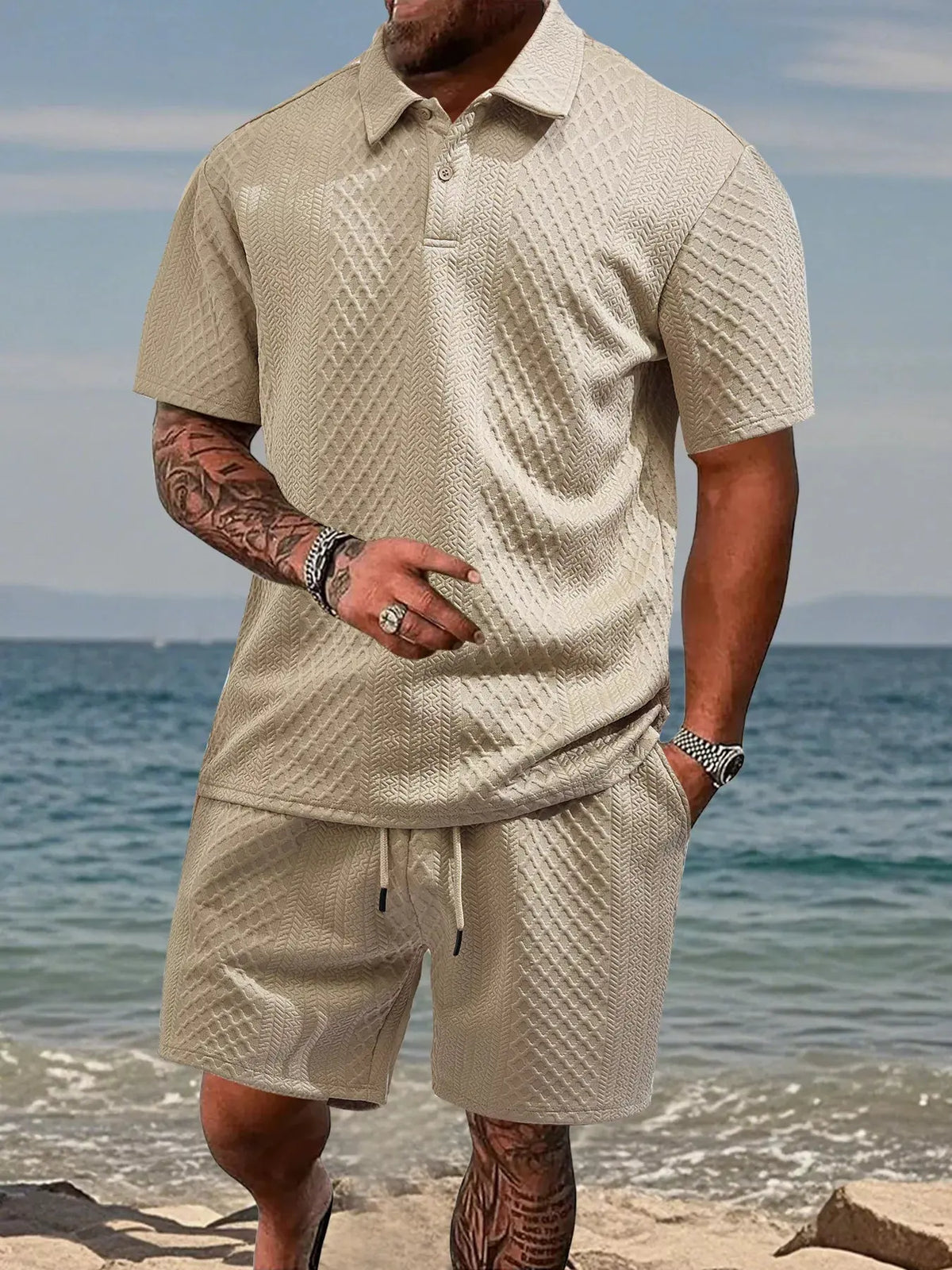 Men's Full Size Textured Knit Polo Shirt & Shorts Set Plus Size by Trendsi