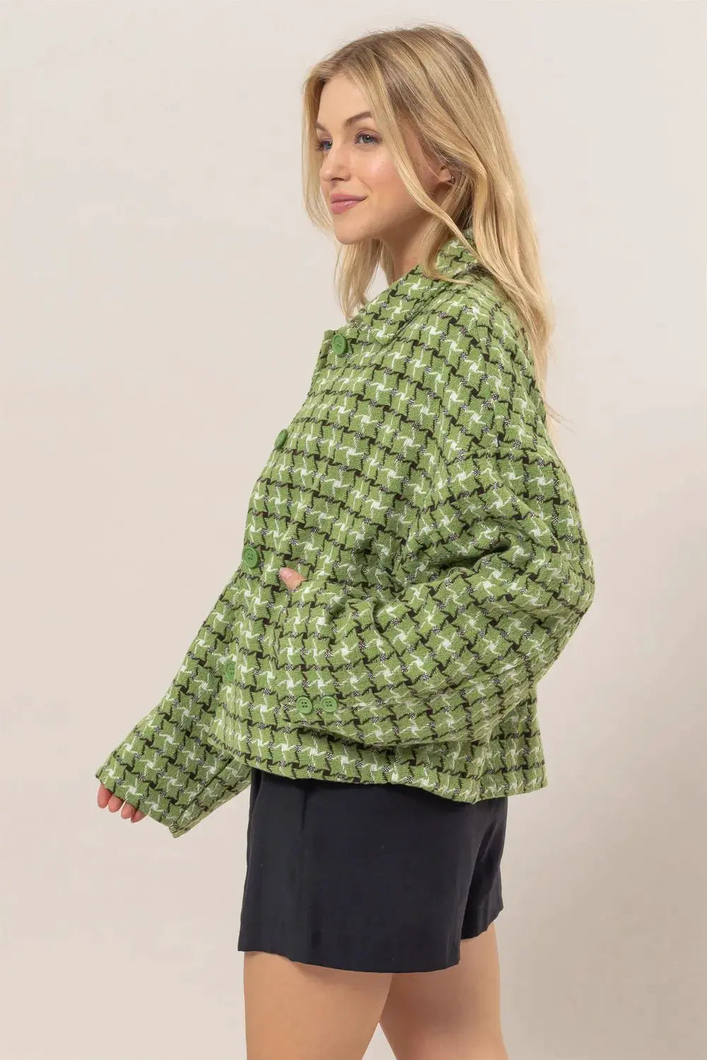 HYFVE Tweed Plaid Button Up Collared Neck Jacket by HYFVE