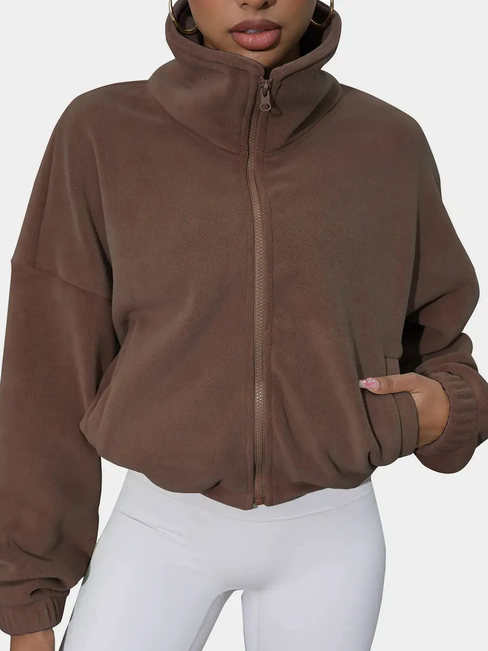 Drawstring Turtleneck Zip Up Long Sleeve Jacket by Partner Label
