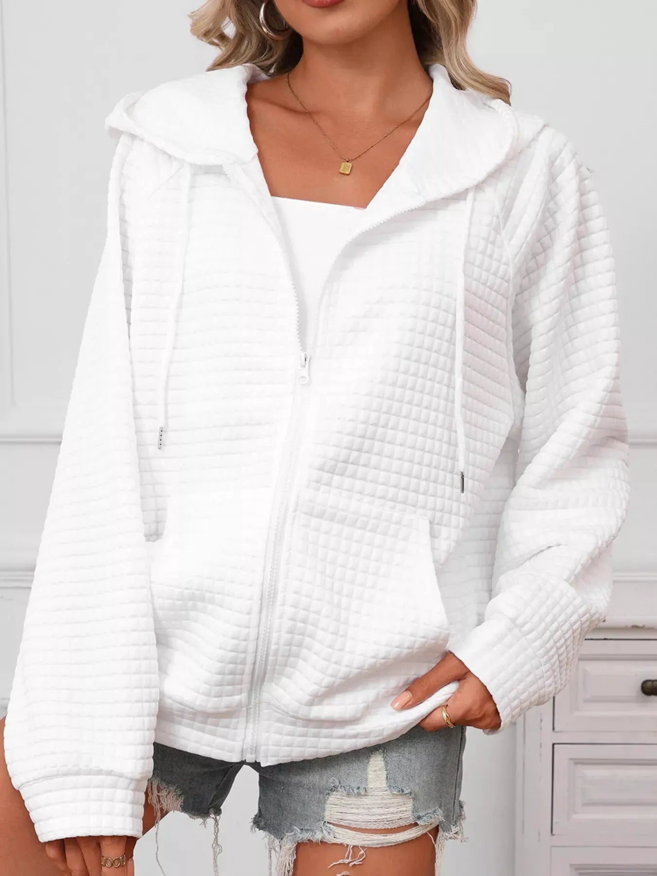 Full Size Textured Quilted Zip-Up Hooded Jacket Plus Size by Partner Label