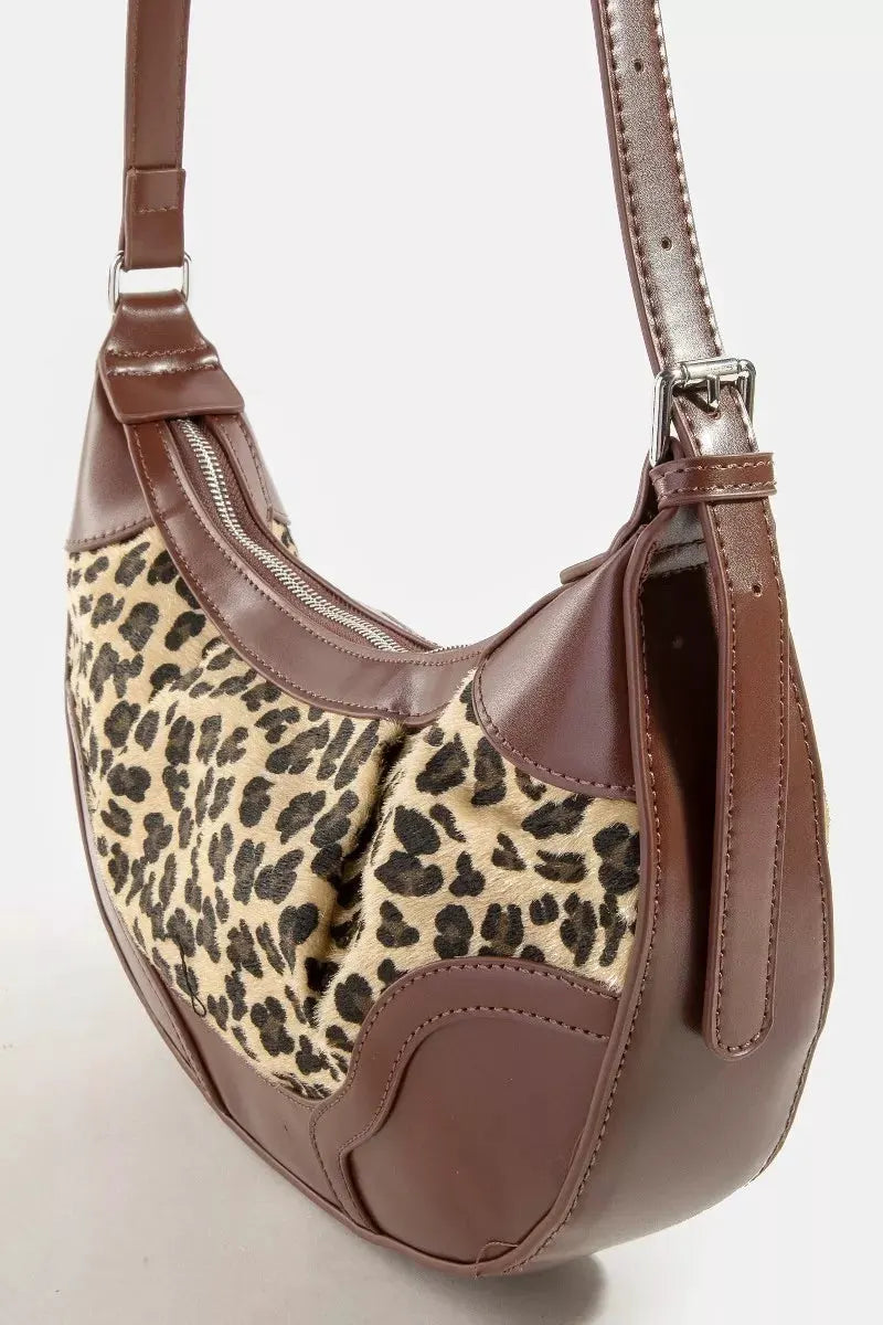 Fame Leopard Print Half Moon Shoulder Bag by Fame