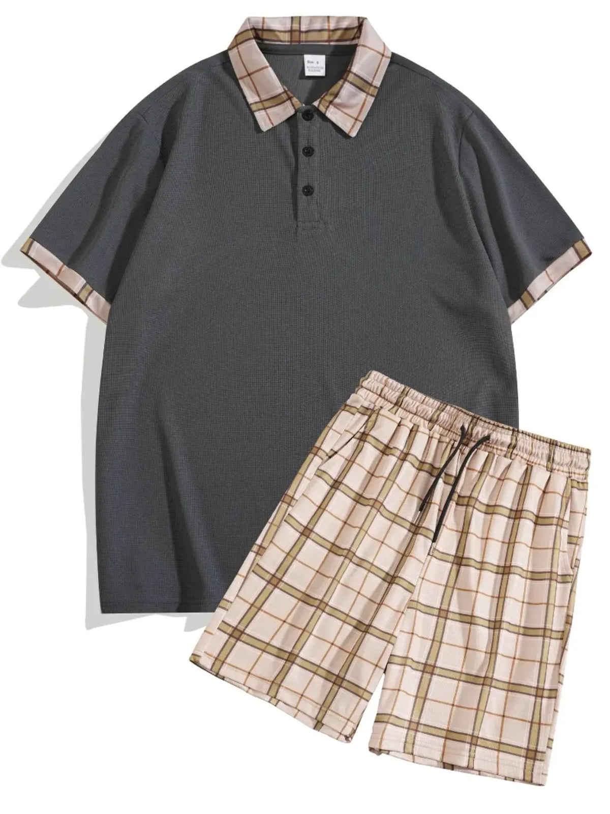 Men's Full Size Classic Plaid Collar Polo and Shorts Set Plus Size by Trendsi