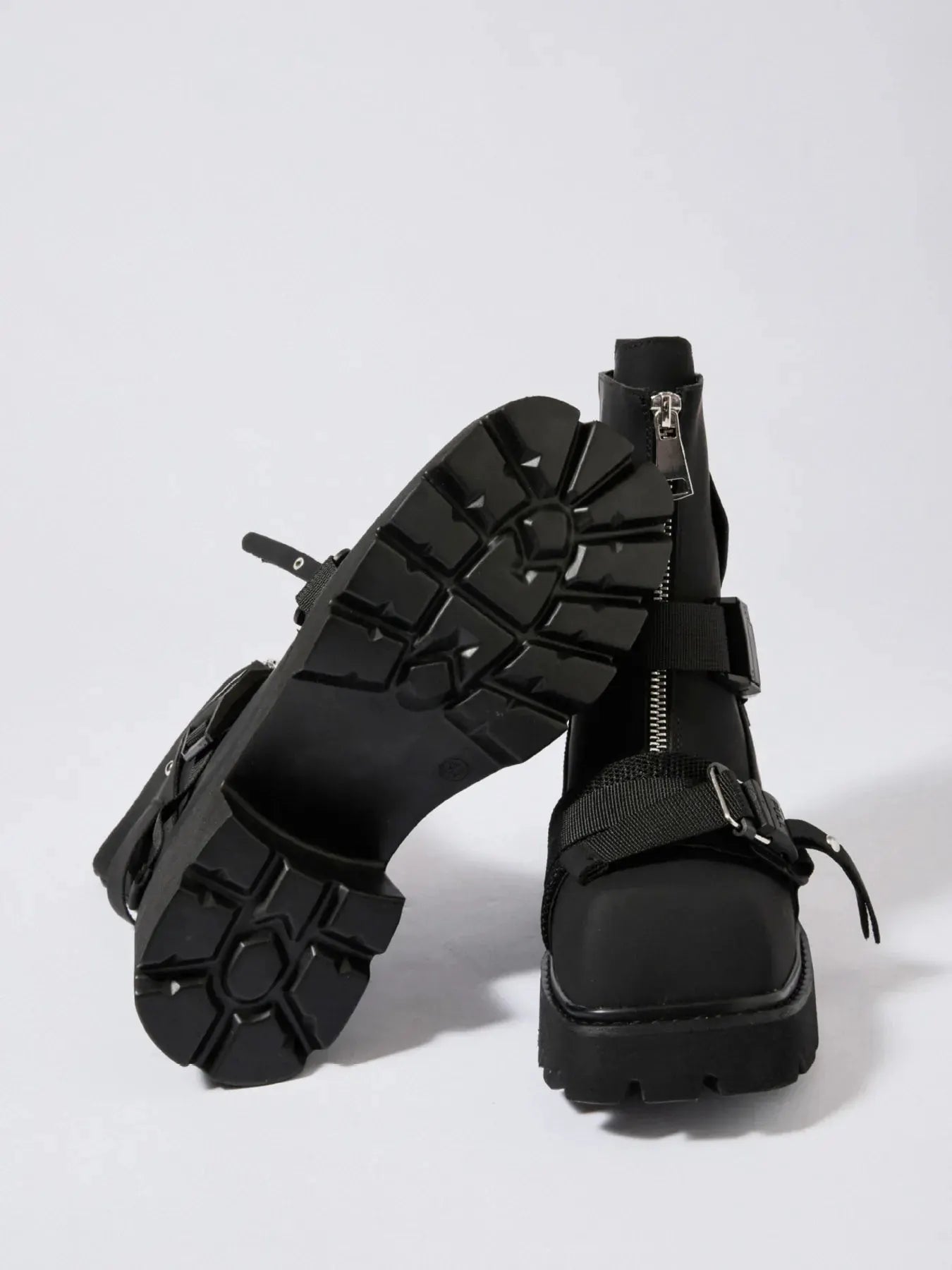 Chunky Platform Boots with Buckle Straps and Front Zip by Partner Label