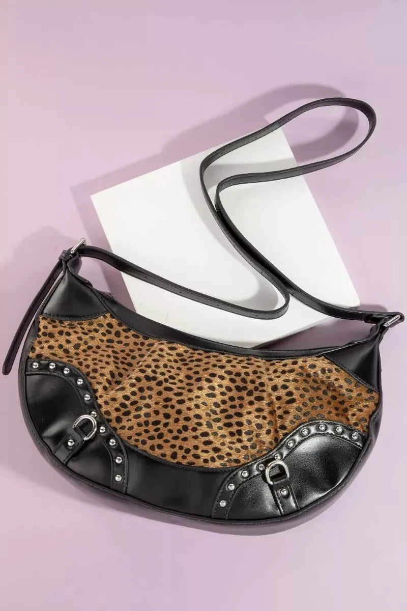 Fame Dark Spotted Leopard Print Half Moon Shoulder Bag by Fame