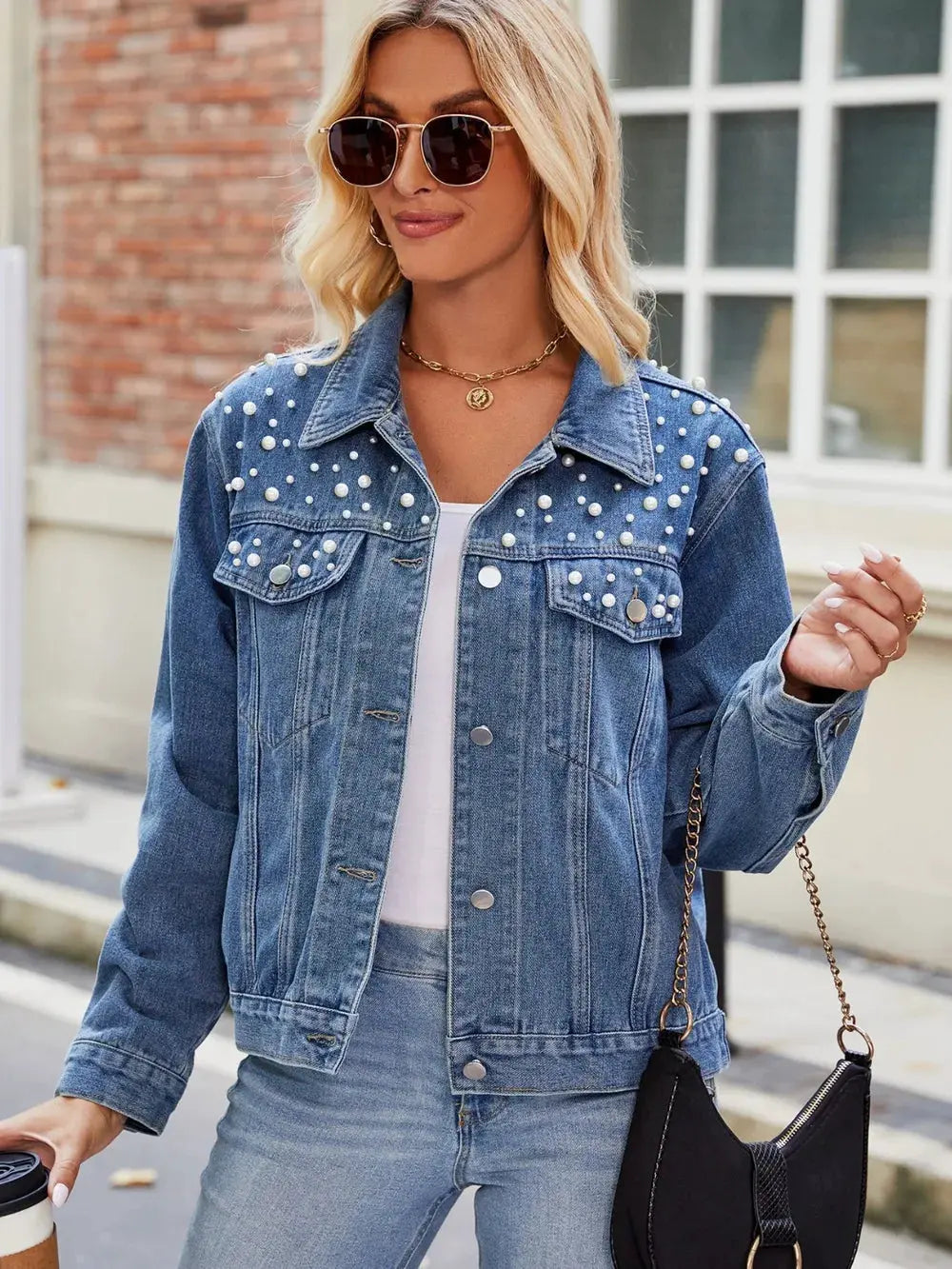Pearl Detail Collared Neck Long Sleeve Denim Jacket by Partner Label