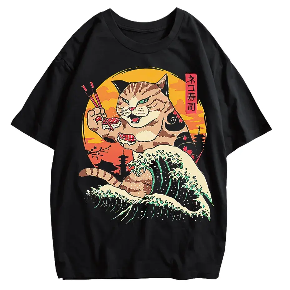 Japanese Genki Cat Anime Print Men's T-Shirt Casual O-Neck by Vimost Shop