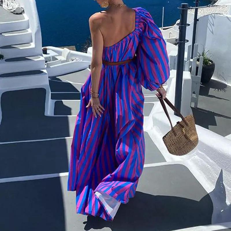 Fashion Personalized Oblique Shoulder Boho Striped Women's Mid-length Dress by Anybestbuy Store
