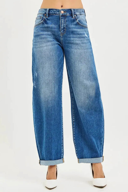RISEN Full Size Mid Rise Barrel Double Roll Up Jeans Plus Size by RISEN