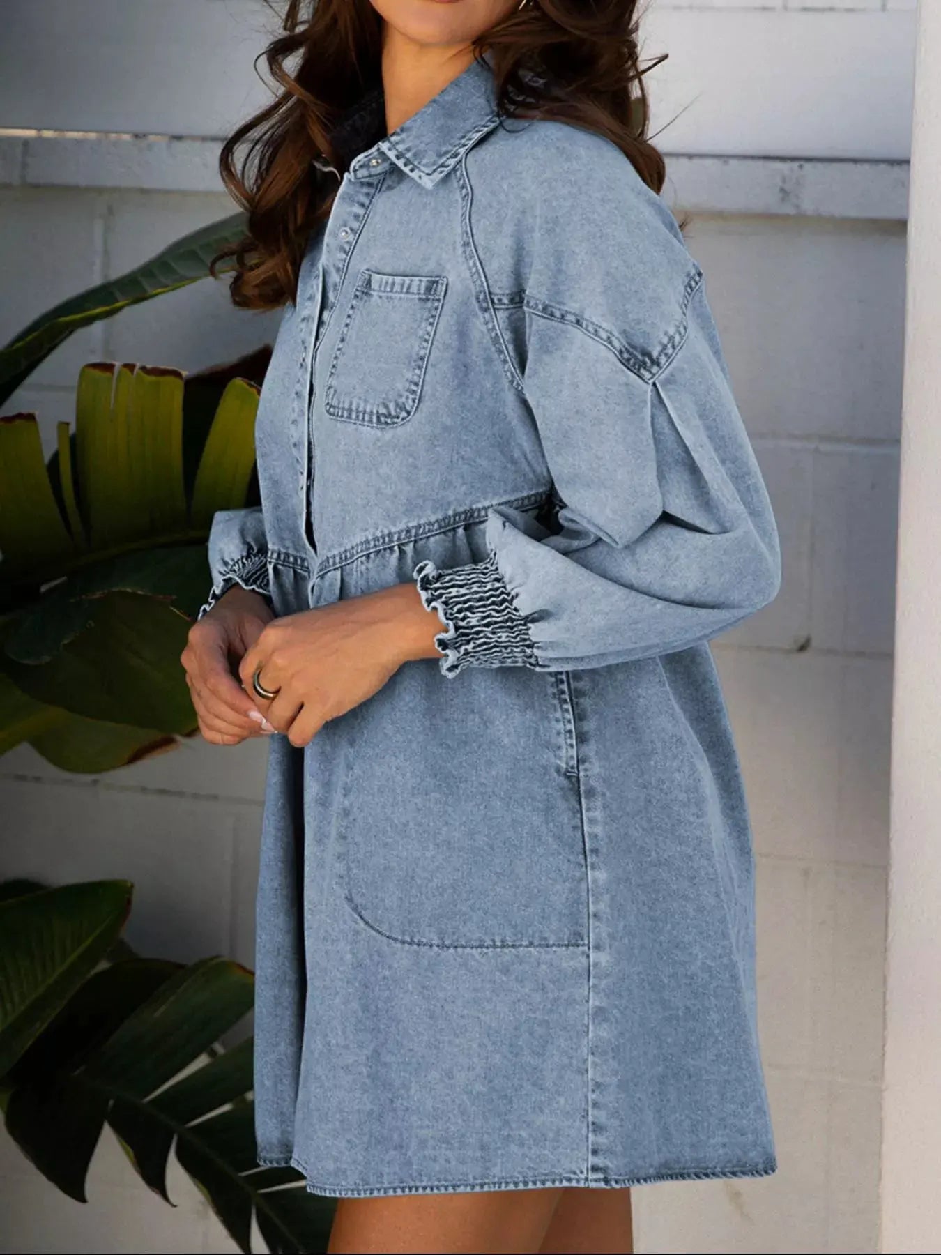Smocked Cuffs Flared Denim Shirt Mini Dress by Partner Label
