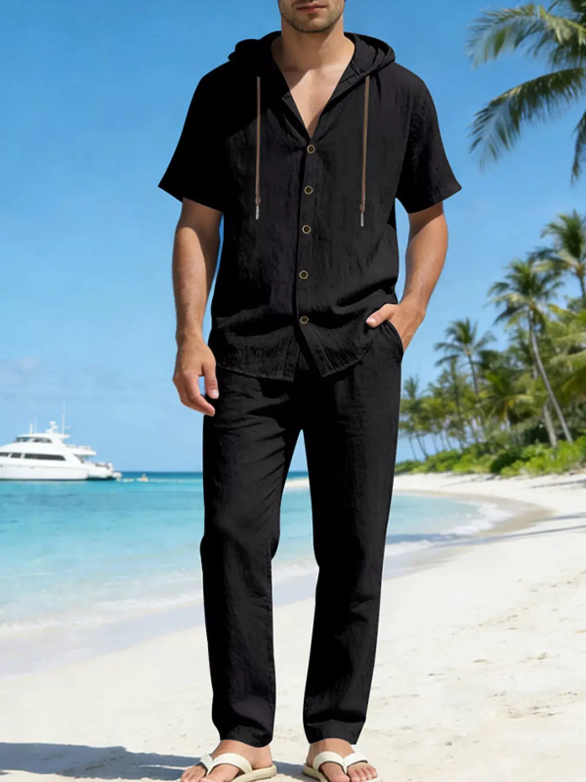 Men's Full Size Button Up Hooded Top and Pants Set Plus Size by Trendsi