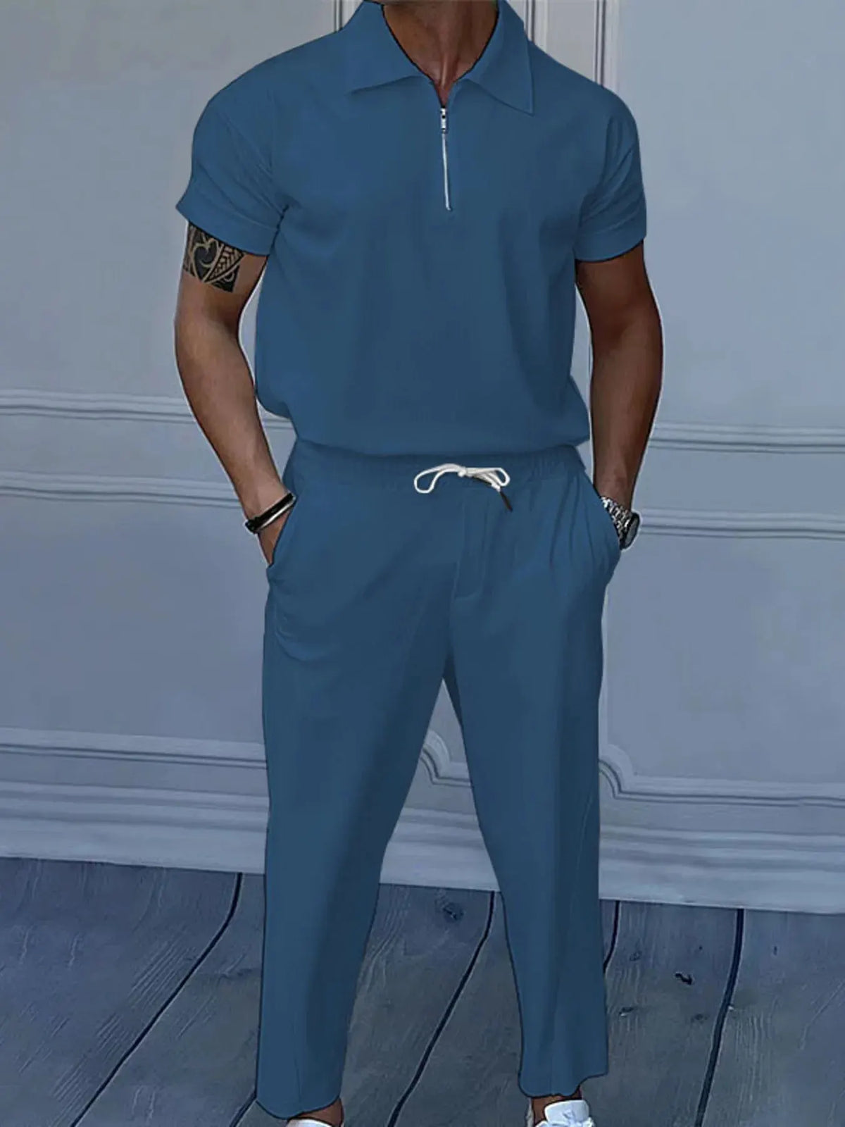 Men's Full Size Quarter Zip Short Sleeve Polo and Pants Set Plus Size by Trendsi