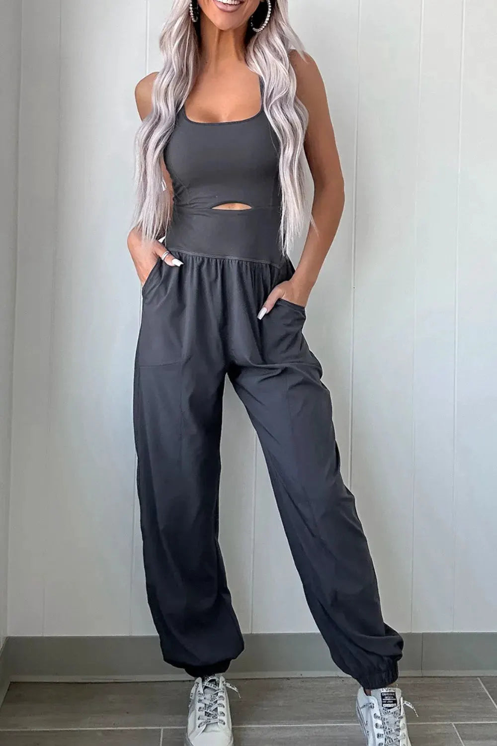 Cutout Square Neck Wide Strap Active Jumpsuit by Partner Label