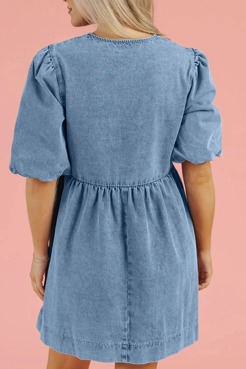 Bowknot Round Neck Half Sleeve Denim Dress by Partner Label