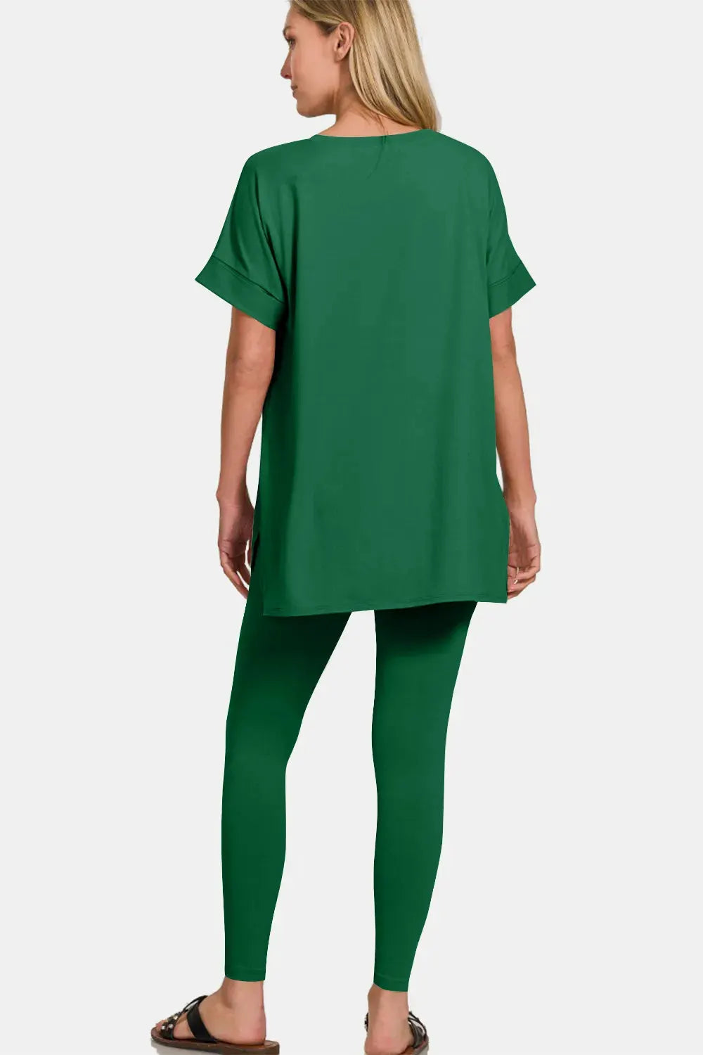 Zenana V-Neck Rolled Short Sleeve T-Shirt and Leggings Lounge Set by Zenana