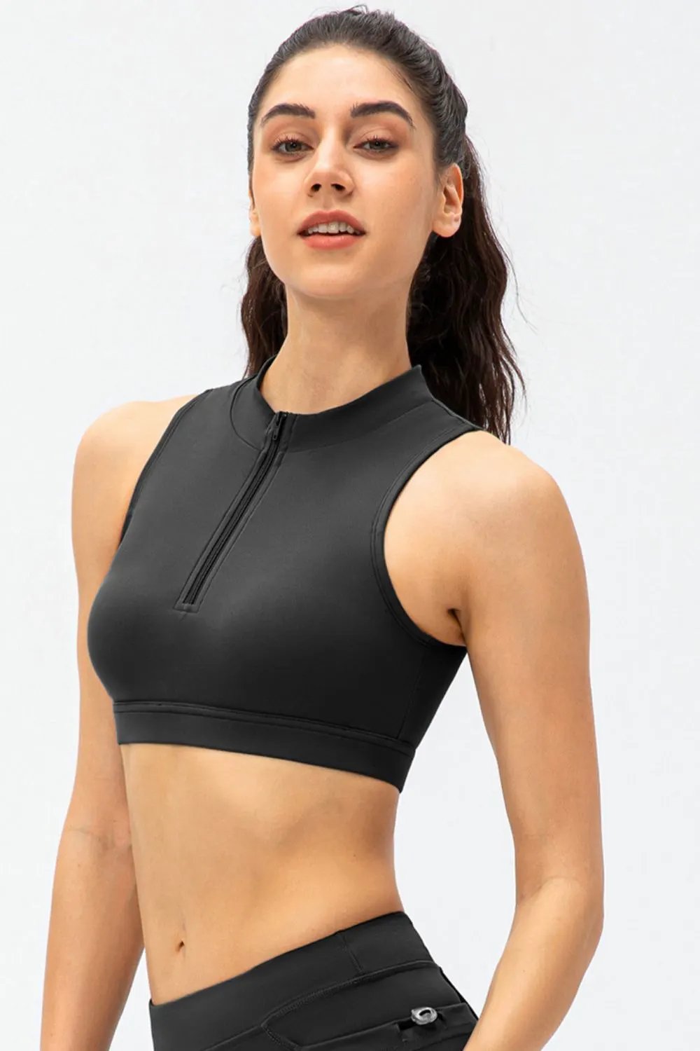Full Size Cropped Cutout Back Zipper Front Active Tank Top by Partner Label