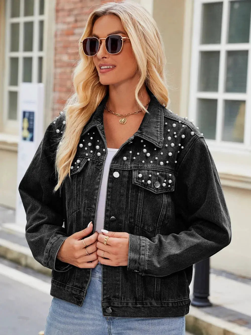 Pearl Detail Collared Neck Long Sleeve Denim Jacket by Partner Label