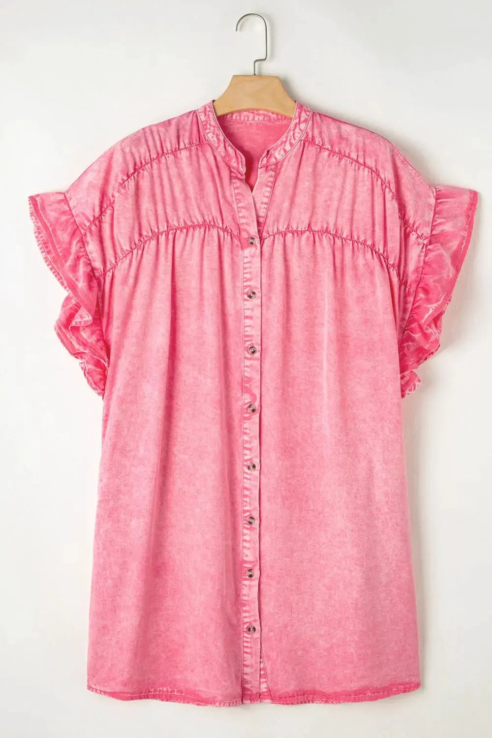 Ruffled Short Sleeve Buttoned Denim Mini Dress by Partner Label