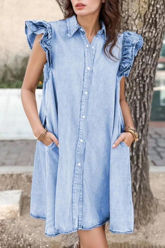 Ruffled Button Front Cap Sleeve Denim Dress by Partner Label