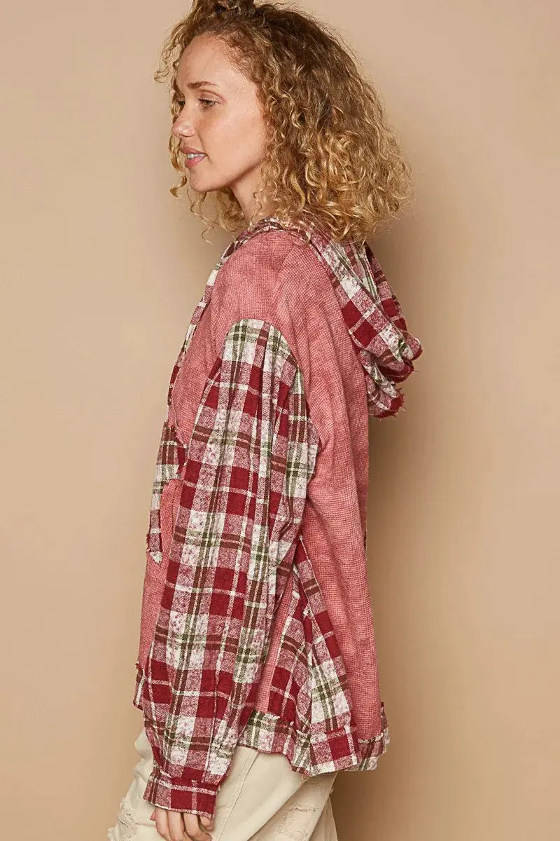 POL Star Patch Plaid Long Sleeve Hooded Top by POL