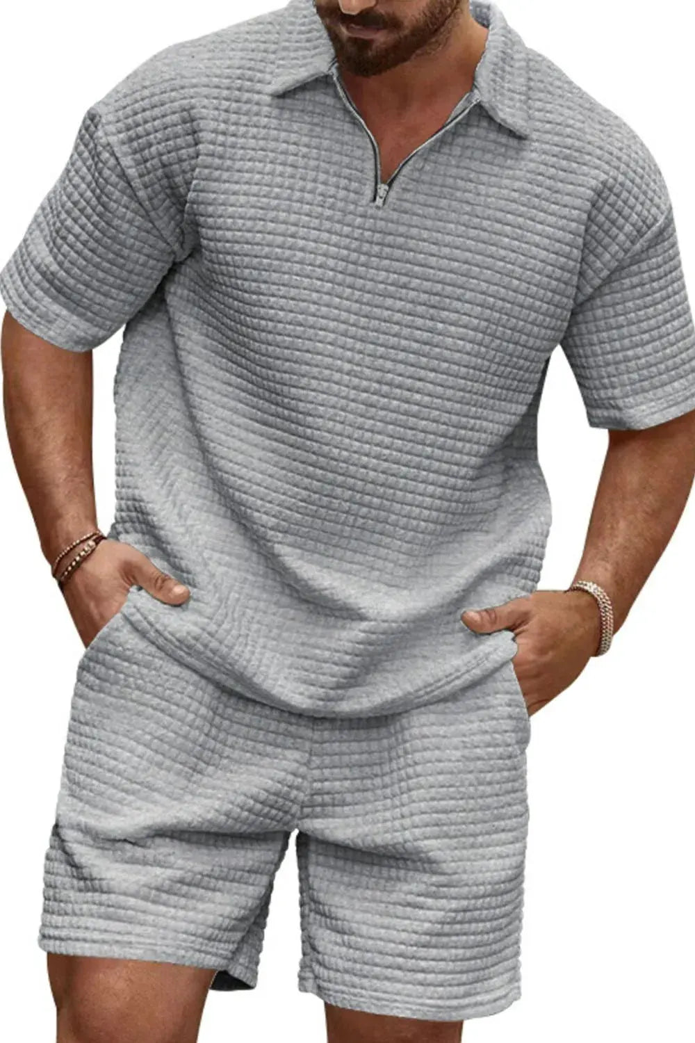 Men's Full Size Zip Collar Short Sleeve Top and Shorts Set Plus Size by Trendsi