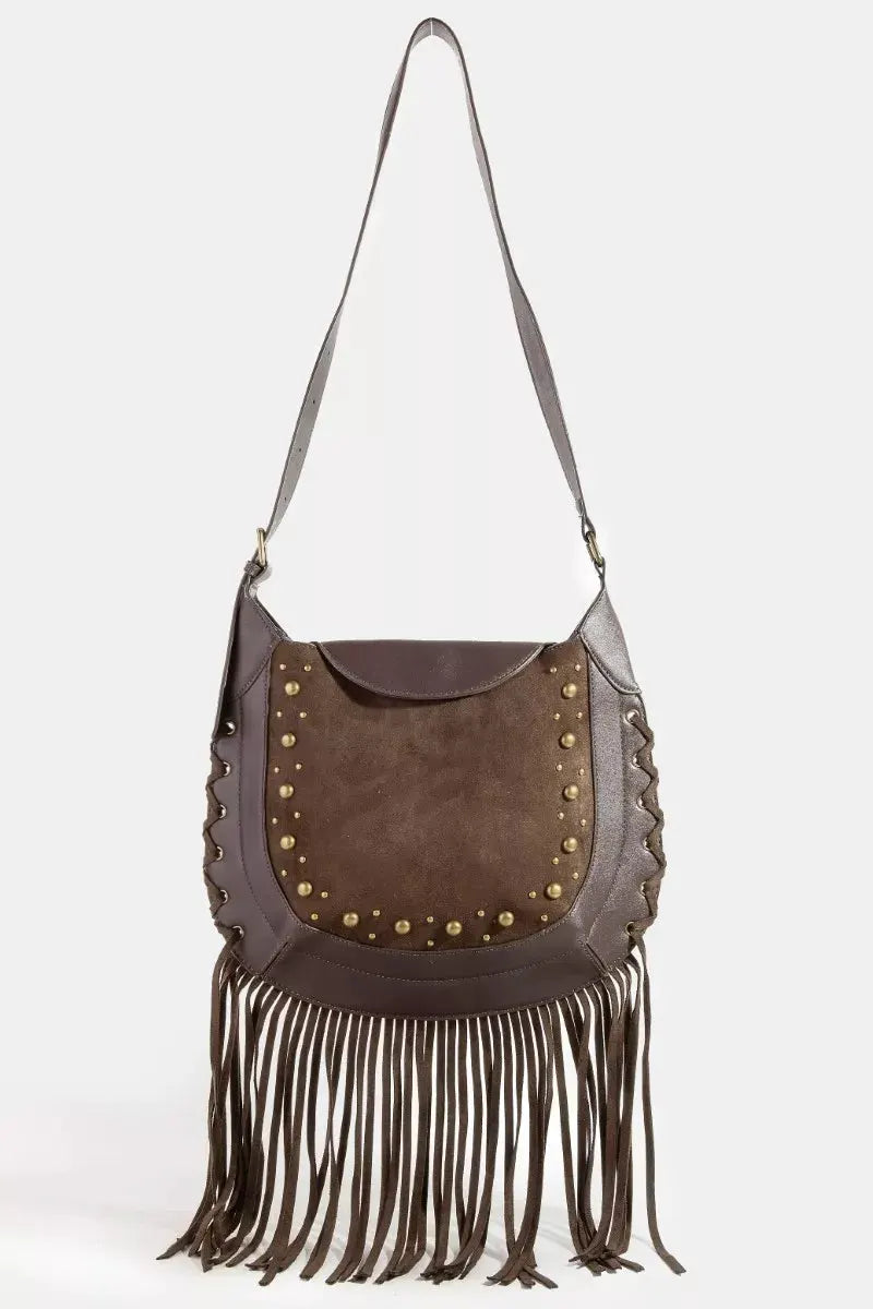 Fame Rivet Trim Suede Fringe Shoulder Bag by Fame