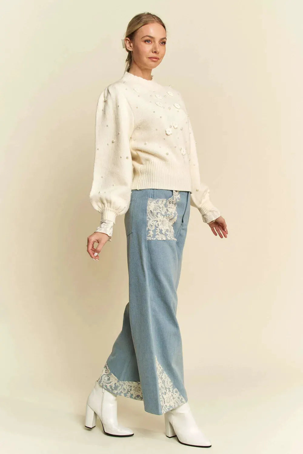Davi & Dani Lace Applique Wide Leg Jeans by Davi & Dani