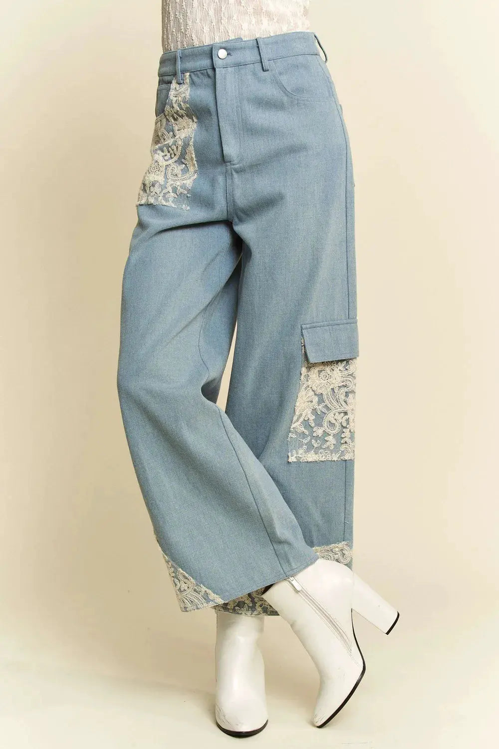 Davi & Dani Lace Applique Wide Leg Jeans by Davi & Dani