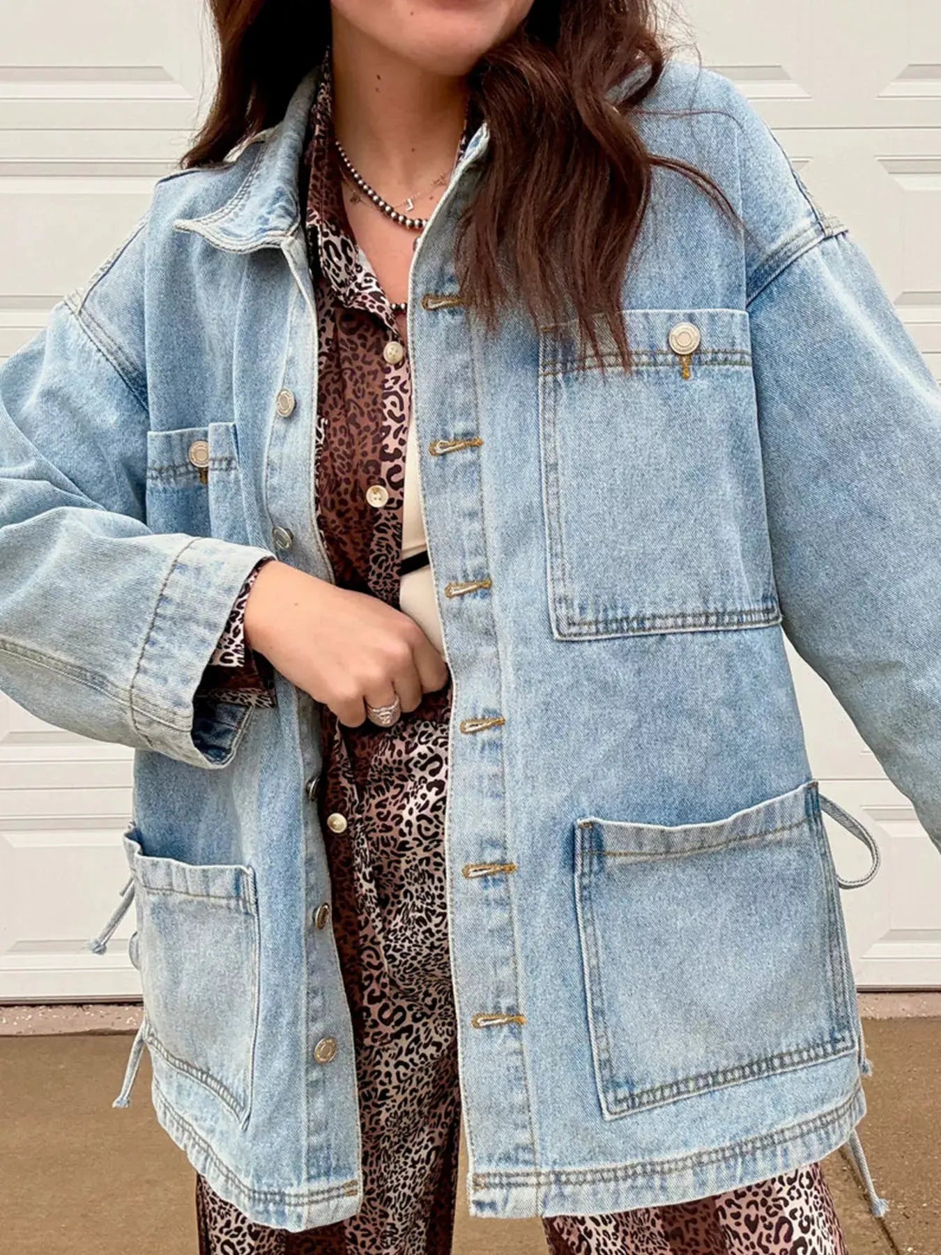 Patched Pockets Side Tie Denim Jacket by Partner Label