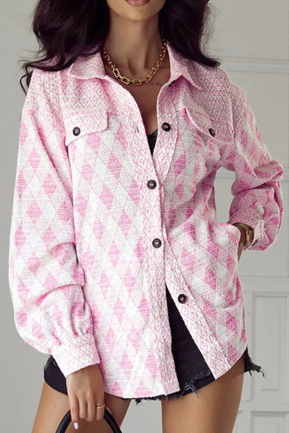 Geometric Print Textured Flap Pocket Shacket by Partner Label