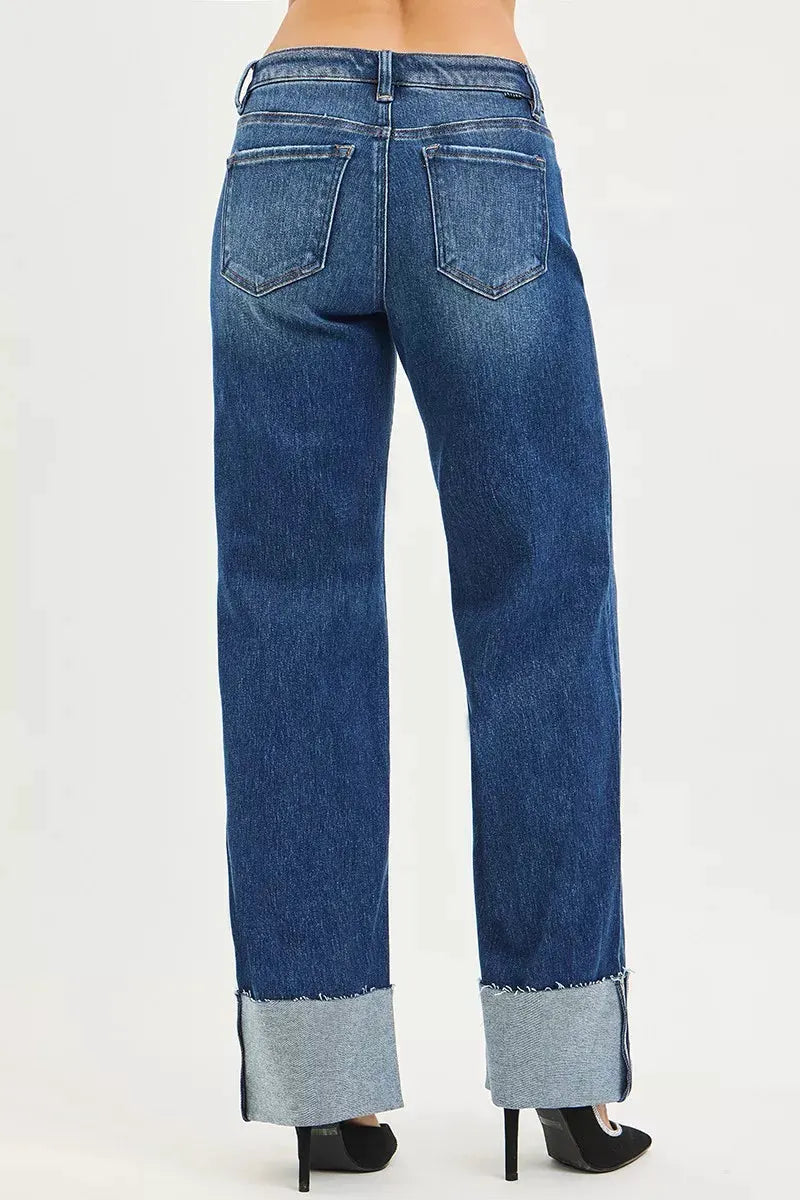 RISEN Mid Rise Wide Straight Jeans With Wide Cuff by RISEN