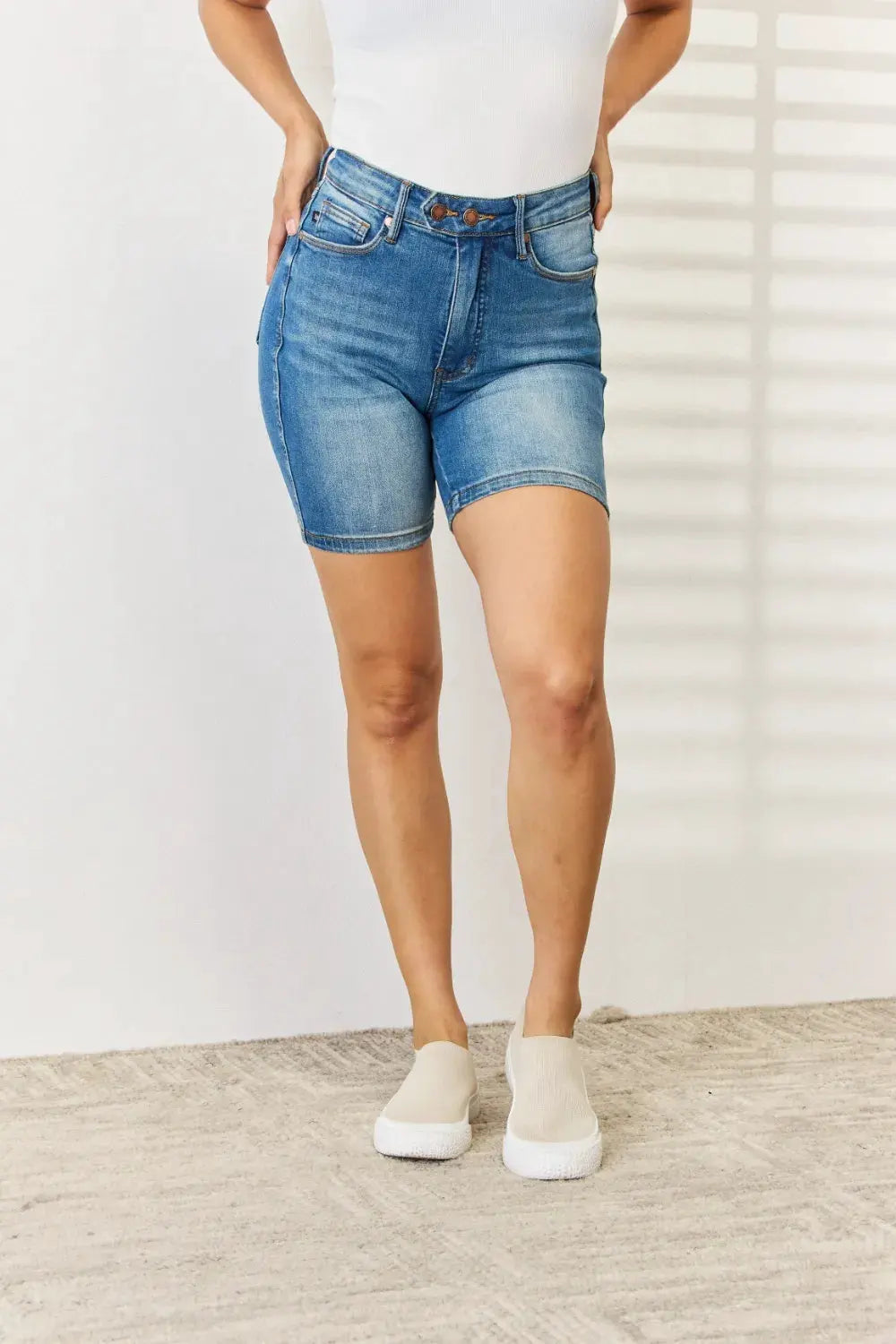 Judy Blue Full Size Tummy Control Double Button Bermuda Denim Shorts by Judy Blue