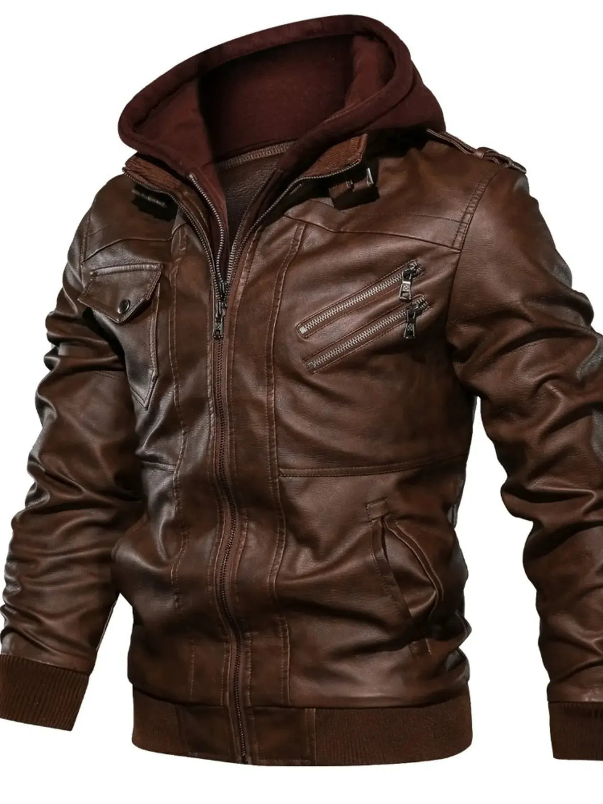 Men's Full Size Hooded Faux Leather Motorcycle Jacket Plus Size by Trendsi