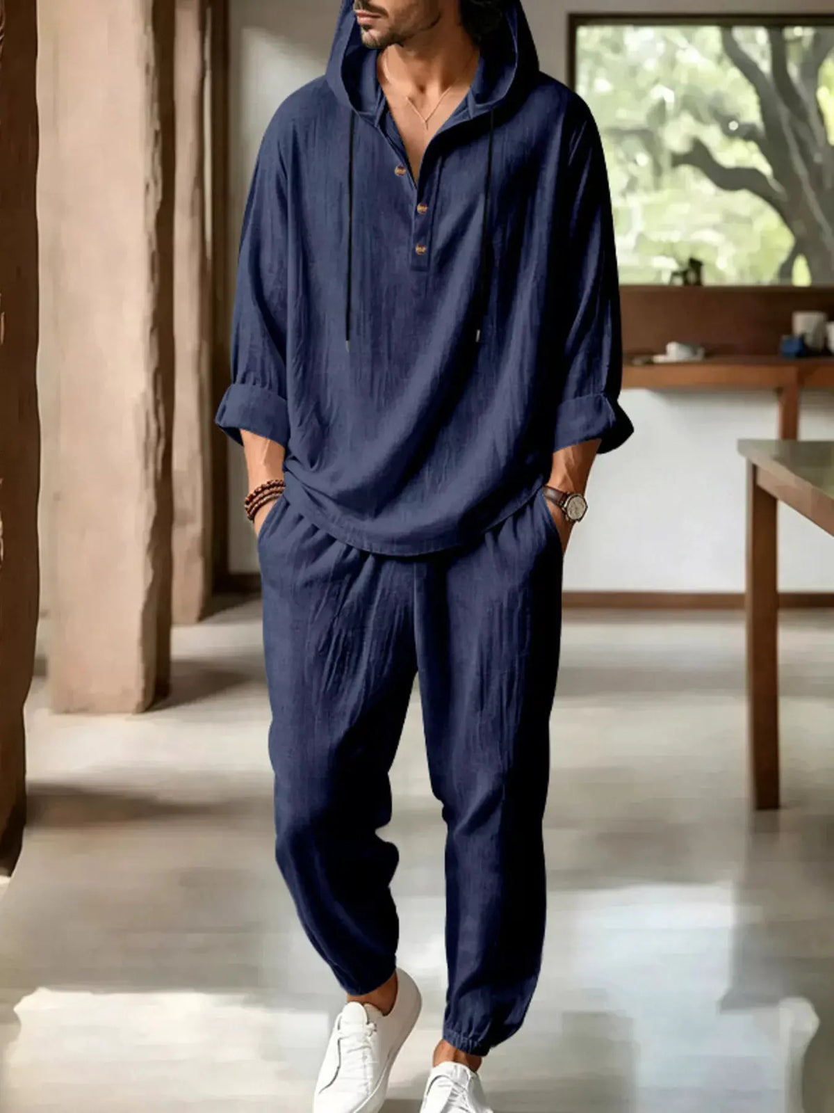 Men's Full Size Casual Button Detail Hooded Top and Pants Set Plus Size by Partner Label