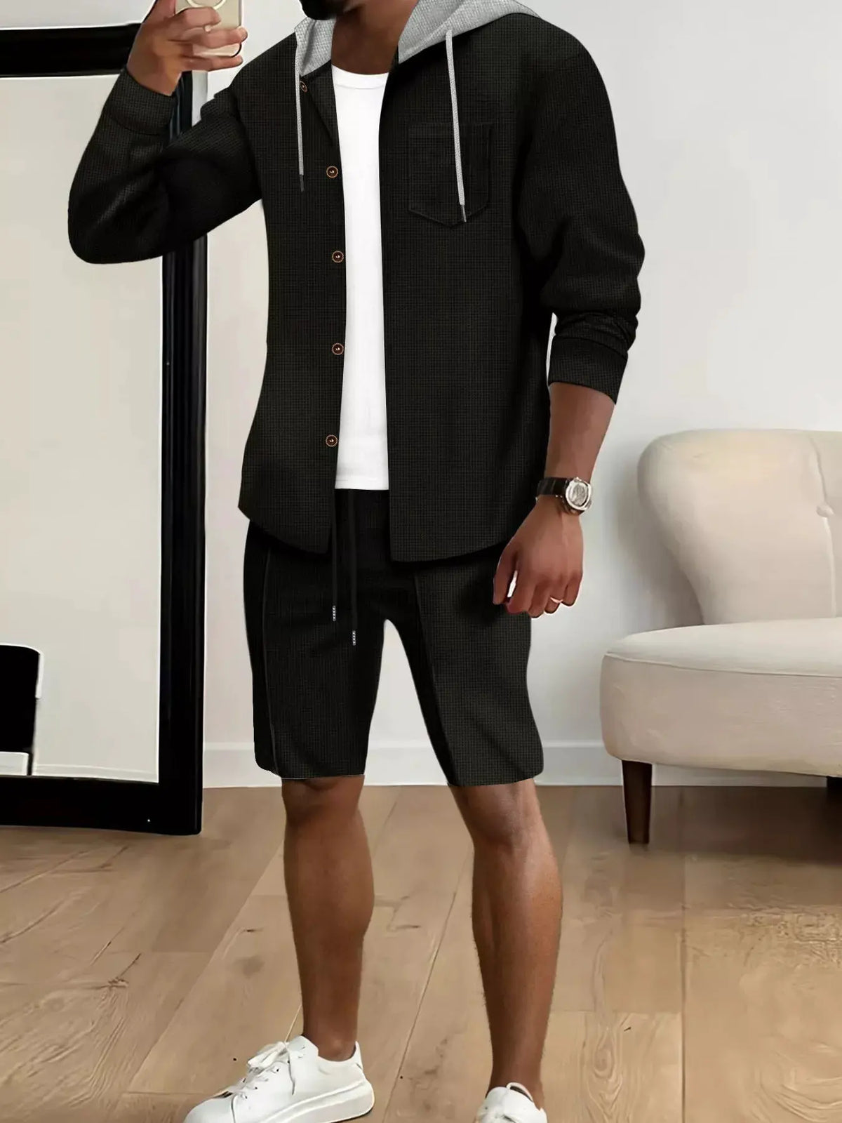 Men's Full Size Casual Hooded Button-Up Top and Shorts Set Plus Size by Trendsi